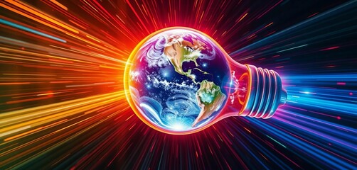 Glowing Earth inside lightbulb, radiant streaks, dynamic energy, abstract sci-fi double exposure,  double exposure,  stars