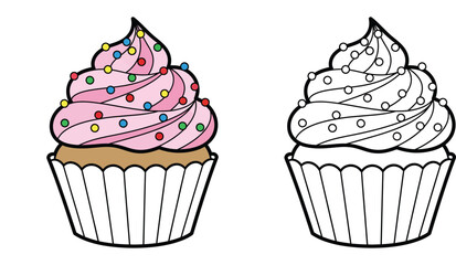 Sweet cartoon cupcake with pink frosting and colorful sprinkles isolated vector illustration for birthday party food design
