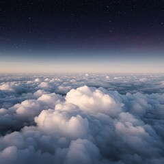 Aerial view of fluffy white clouds under a starry night sky with a gradient of dark blue to light pink hues