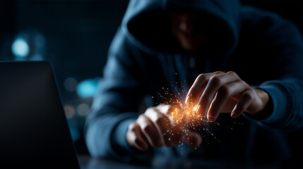 Faceless hooded hacker data breach concept cybersecurity threat scenario information security compromise digital crime visualization anonymous attacker representation