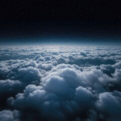 Nighttime aerial view of fluffy white clouds under starry sky with moonlight shining through