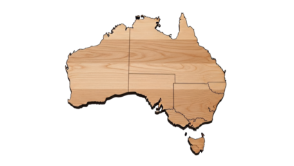 Australia map in wood texture isolated PNG, geographical outline of Australian continent with state borders for design and educational use