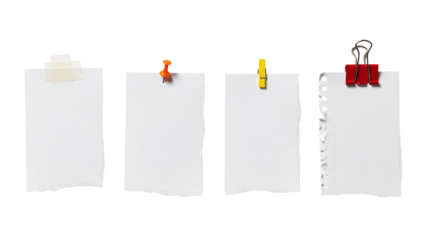 Four white papers attached with different fasteners