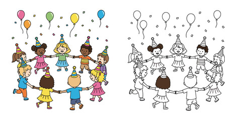 Happy diverse cartoon children holding hands in a circle dancing at birthday party with balloons and confetti vector illustration isolated on white