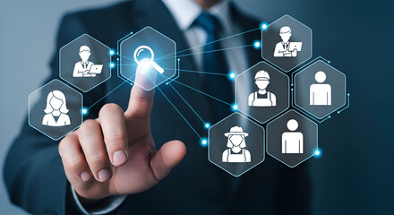 Businessman in suit interacts with virtual network of professional icons and profiles with magnifying glass symbolizing search and selection process