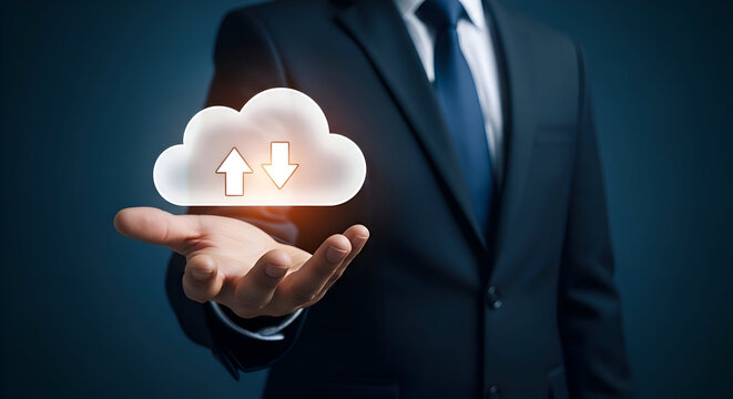 Businessman holding a cloud with upload and download arrows in his hand, representing data storage and cloud computing services, professional networking and digital technology, corporate - Powered by Adobe