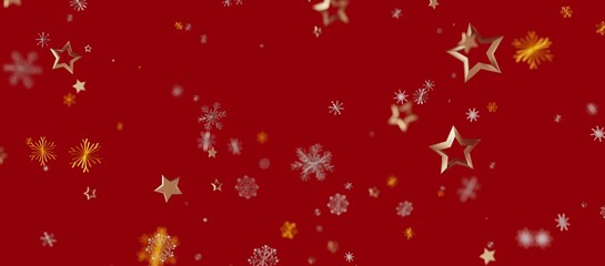 Christmas background with golden stars and snowflakes on a vibrant red backdrop, perfect for holiday designs and celebratory themes.