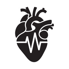 Minimalist black and white anatomical heart with vital sign heartbeat line in the center