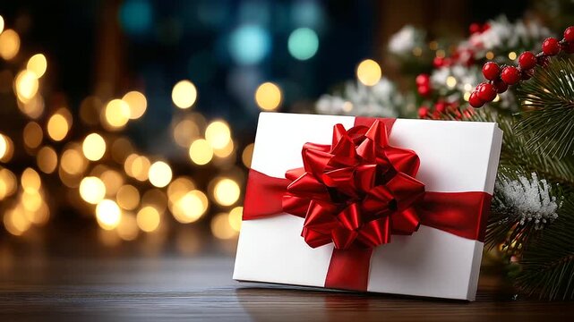 Blank white gift, card red ribbon, bow snow festive, Christmas bokeh background, holiday card template, seasonal greeting display, gift tag concept, defocused background lights, wi