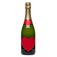 Single champagne bottle with heart label stands upright on white background ready for celebration or gifting moments of love and joy