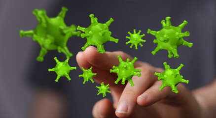 Abstract image representing concept of coronavirus interaction, touch, and spread. Depicts a hand touching and