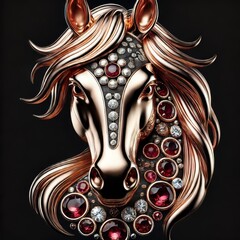 Gold Horse. lunar New year Zodiac Sign. Jewelry Glowing Treasure. Amazing Glamour Mascot. Decoration for Art Deco Party Card Invitation. Rich Luxury Diamond Brilliant Animal  Brooch Portrait