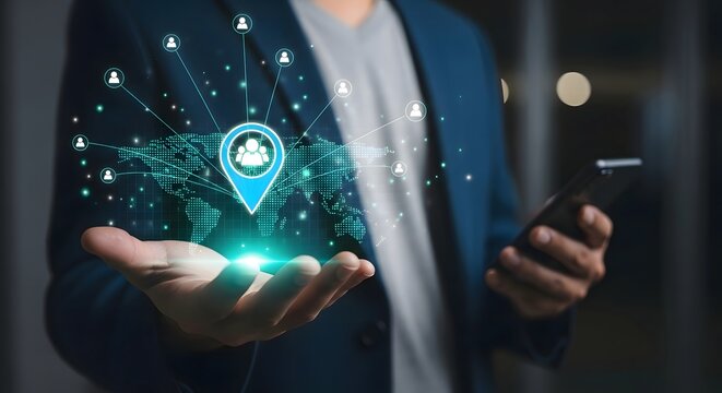 Global network connection concept with location pin and people icons business technology map - Powered by Adobe
