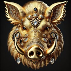 Gold Wild Boar. Jewelry Glowing Treasure. Amazing Glamour Mascot. Decoration for Art Deco Party Card Invitation. Rich Luxury Glowing Shiny Diamond Brilliant Animal Stone Brooch Portrait	