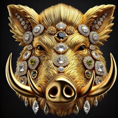 Gold Wild Boar. Jewelry Glowing Treasure. Amazing Glamour Mascot. Decoration for Art Deco Party Card Invitation. Rich Luxury Glowing Shiny Diamond Brilliant Animal Stone Brooch Portrait	