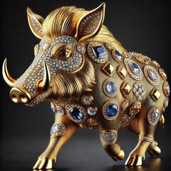 Gold Wild Boar. Jewelry Glowing Treasure. Amazing Glamour Mascot. Decoration for Art Deco Party Card Invitation. Rich Luxury Glowing Shiny Diamond Brilliant Animal Stone Brooch Portrait	