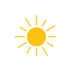 Bright Yellow Sun Icon with Rays Shining on White Background, Sunny Day Weather