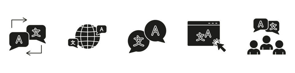 Translation and Localization Silhouette Icon Set. Includes Chat Arrows, Global Network, Speech Bubbles, Web Page, and Team Learning Solid Symbol Collection. Isolated Vector Illustration