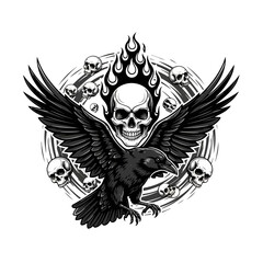 Dark Raven with Flaming Skull and Skulls Surroundings Vector Illustration