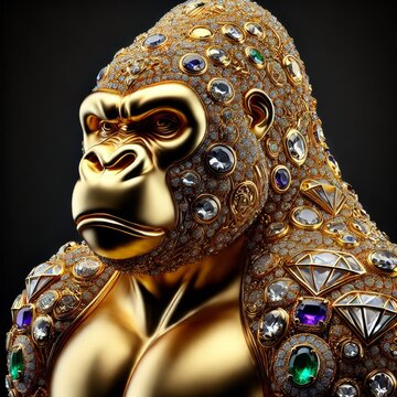 Gold Monkey. Jewelry Glowing Treasure. Amazing Glamour Mascot. Decoration for Art Deco Party Card Invitation. Rich Luxury Glowing Shiny Diamond Brilliant Animal Stone Brooch Portrait	