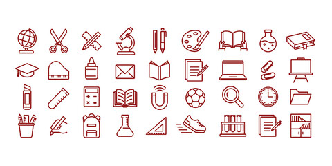 A set of school supplies icons that can be edited with lines