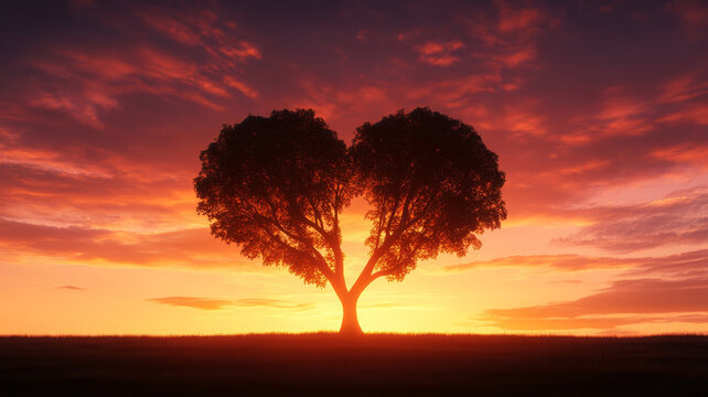 Heart shaped tree, sunset sky, romantic landscape, silhouette, fantasy, peaceful, nature - Powered by Adobe