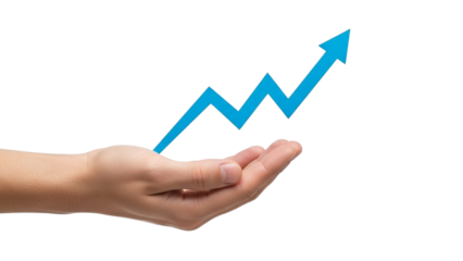 Hand holding blue arrow graph showing growth