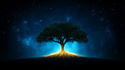 Tree of life glowing with golden roots under starry night sky, mystical and serene atmosphere