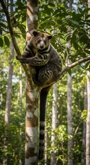 A tree-dwelling creature sits perched in a tree. The long striped tail is prominent as it looks directly at the camera