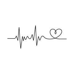 Black continuous line drawing showing a heartbeat pulse leading into a heart symbol