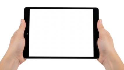 Person holding black tablet with blank white screen