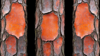 Close up bark ancient tree detailed texture rough orange brown natural pattern