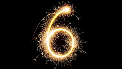 Sparkling number six made of fire on a black background for celebrations and parties