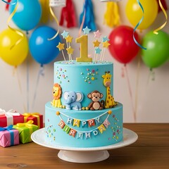 A two-tiered, light-blue frosted cake adorned with animal figurines, confetti, and a "Happy Birthday" banner. Balloons & gifts