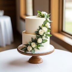 A two-tiered, white frosted cake adorned with fresh roses and greenery rests on a wooden cake stand near a window