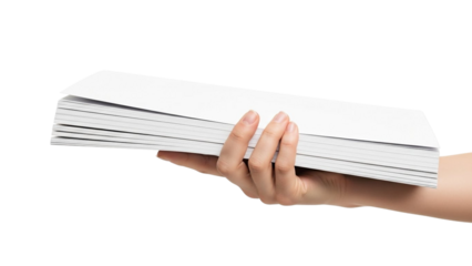 Hand holding a stack of white papers