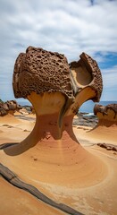 A unique mushroom-shaped rock formation, with a layered appearance, stands against a bright blue sky and ocean on a sunny day
