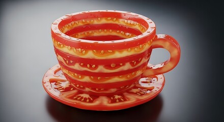 A unique teacup and saucer crafted from sliced tomatoes. The red and yellow hues create a refreshing, realistic visual against a dark backdrop