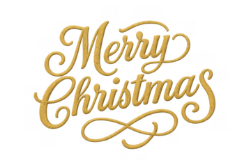 Merry christmas typography in golden calligraphy with cursive lettering and festive ornaments on transparent background