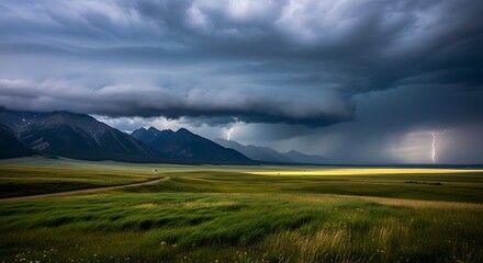 A vast grassy plain stretches towards distant mountains under a dramatic, stormy sky, complete with lightning