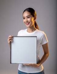 Beautiful Asian Woman Holding Blank Square Frame Mockup Approval Gesture