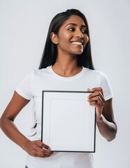 Beautiful Asian Woman Holding Blank Square Frame Mockup Approval Gesture