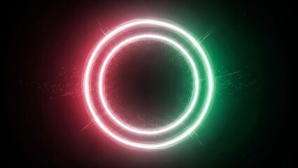 A dynamic and futuristic abstract image featuring two concentric glowing neon rings, one red and one green, emitting light and surrounded by a scattering of small, sparkling particles against a deep