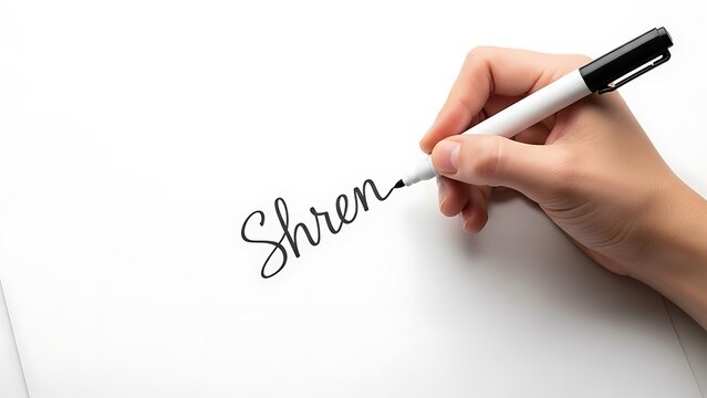 Hand writing the word shren in elegant black script using a white marker on white paper