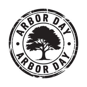 A distressed vintage style circular stamp design for arbor day featuring a prominent tree silhouette