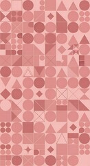 A vertical abstract composition featuring various shapes. The pattern is monochrome, employing a palette of red-pink tones in a symmetrical arrangement