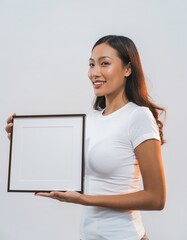 Beautiful Asian Woman Holding Blank Square Frame Mockup Approval Gesture
