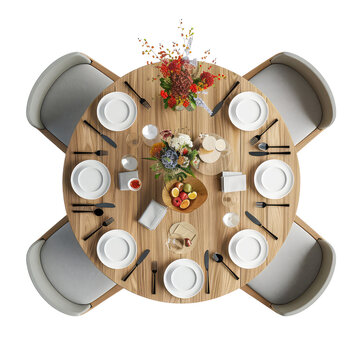 Dining room top view on marble table 3d render 3d, Top View of Rustic Wooden Dining Table and Chairs Isolated on White on isolated on transparent background png
