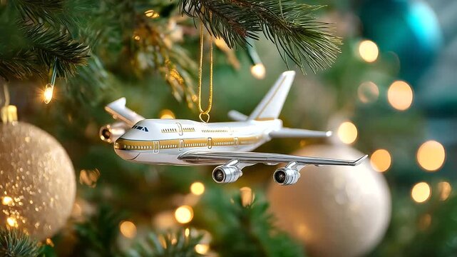 Festive aviation-themed ornament, hanging pine branches, glittering holiday lights, softly blurring background, symbolizing seasonal travel, Christmas decoration display, travel th