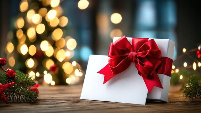 Blank white gift, card red ribbon, bow snow festive, Christmas bokeh background, holiday card template, seasonal greeting display, gift tag concept, defocused background lights, wi